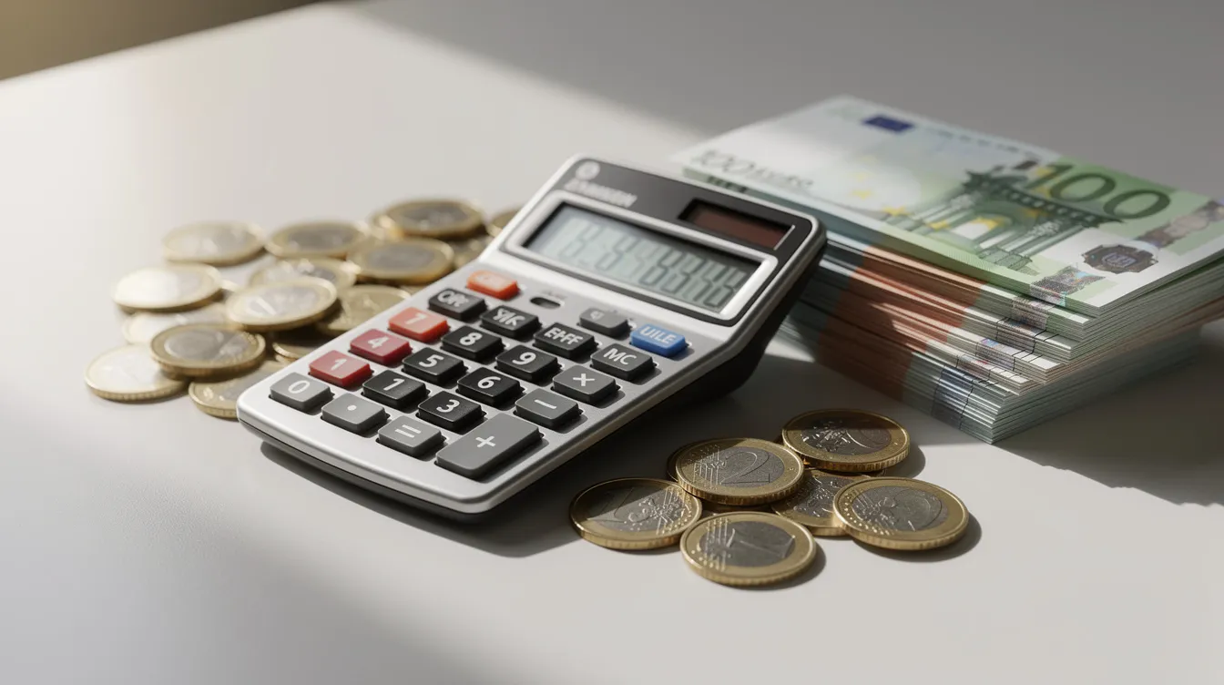 Auf einem Schreibtisch liegt ein Taschenrechner neben Euro-Münzen und Papiergeld, was auf die finanzielle Planung hinweist, die für die Steuererklärung von Minijobs wichtig ist. Die Anordnung der Gegenstände vermittelt einen Überblick über die Einnahmen und Ausgaben, die bei der Einkommensteuererklärung berücksichtigt werden müssen.