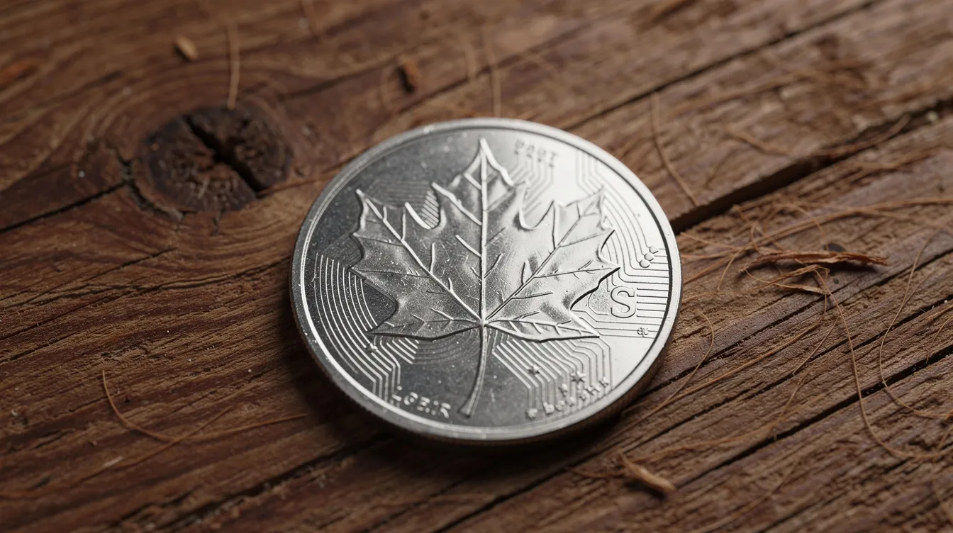 Eine Nahaufnahme einer Silbermünze mit dem charakteristischen Ahornblatt-Motiv der Royal Canadian Mint liegt auf einem Holztisch. Die Münze zeigt feine Details und die Prägung von Elizabeth II, während ihr Glanz und Zustand den Wert der Maple Leaf Silbermünzen unterstreichen.