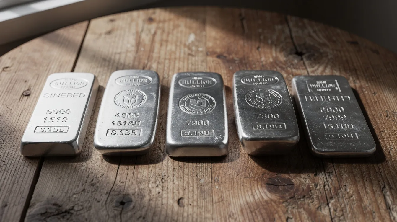 Auf einem Holztisch liegen verschiedene Silberbarren unterschiedlicher Hersteller, darunter Produkte von Heraeus und Perth Mint. Die Barren sind in unterschiedlichen Größen und Gewichten angeordnet, was einen Vergleich der Qualität und des Wertes ermöglicht.