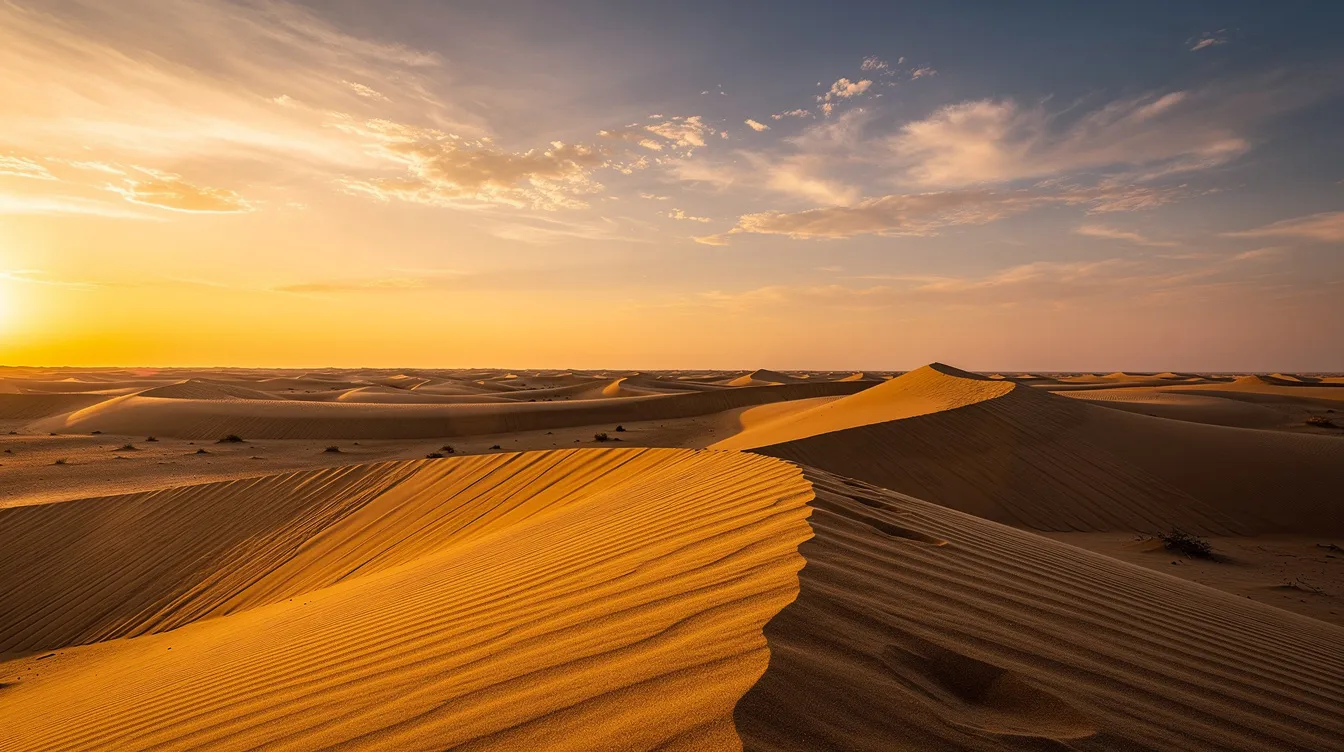 Das Bild zeigt eine dramatische Wüstenlandschaft mit sanften Sanddünen, die unter einem goldenen Sonnenuntergangshimmel leuchten. Diese beeindruckende Szene könnte die Kulisse für einen epischen Film, ähnlich wie die Filmmusik von Hans Zimmer, bieten.