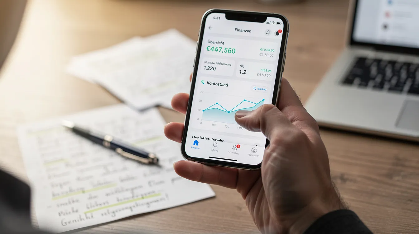 Ein Anleger hält ein Smartphone in der Hand und nutzt eine Finanz-App, während im Hintergrund ein Schreibtisch mit Notizen zu sehen ist. Diese Szene verdeutlicht die Möglichkeiten, die der Kryptomarkt, insbesondere die Investition in Bitcoin, bietet.