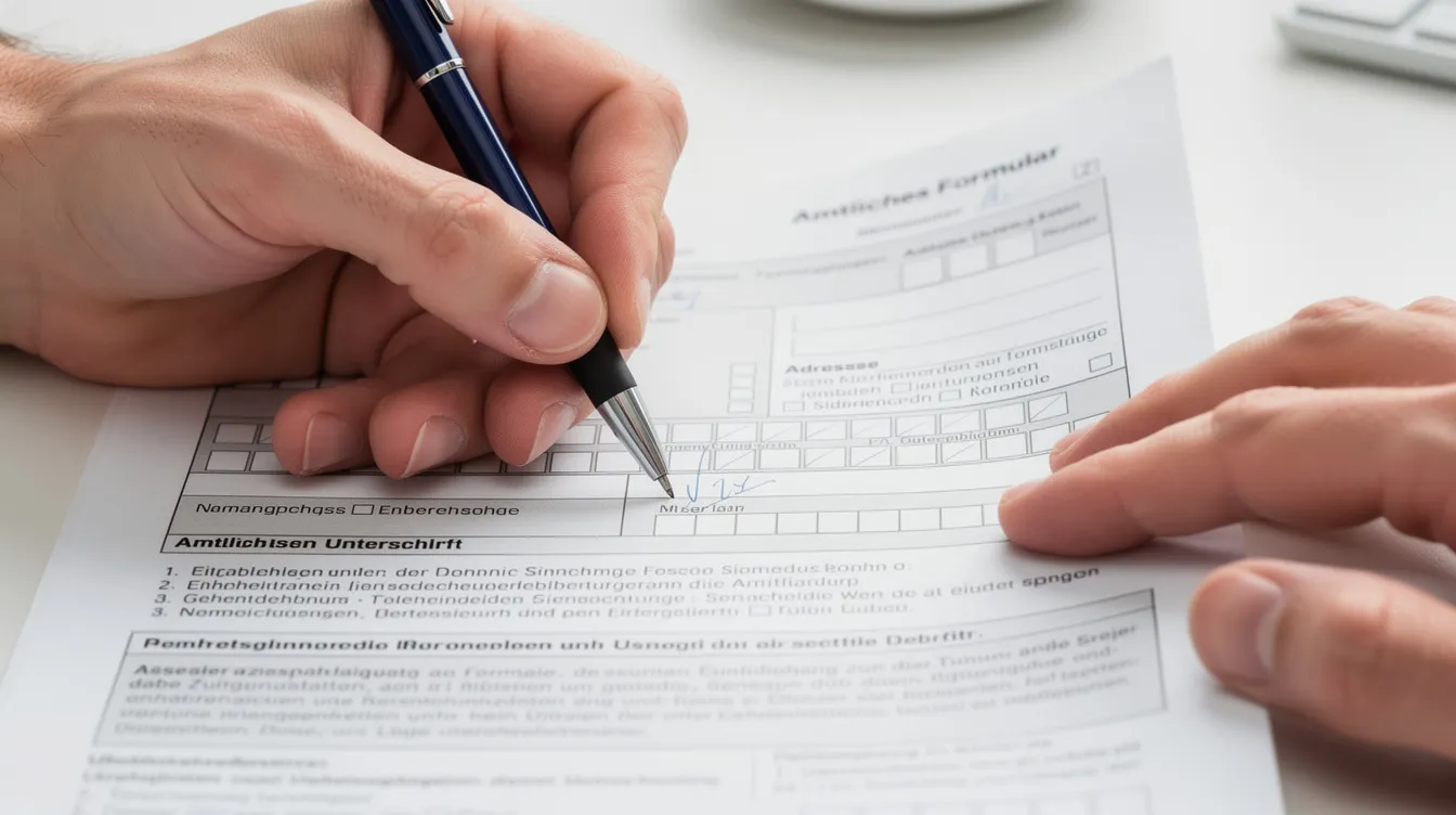 In der Abbildung sind Hände zu sehen, die ein amtliches Papierformular mit einem Kugelschreiber ausfüllen. Das Formular könnte Informationen zur Kindergeldkontonummer oder zur Familienkasse enthalten, während die Person, die es ausfüllt, möglicherweise Änderungen in den Angaben zur Bankverbindung oder zum Wohnort vornimmt.