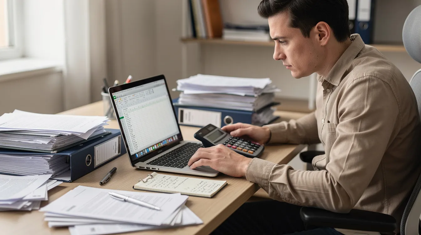 Eine Person sitzt an einem Schreibtisch, umgeben von einem Laptop, einem Taschenrechner und Ordnern voller Unterlagen zur Altersvorsorge. Sie scheint Informationen zur Auszahlung der Pensionskasse und zur monatlichen Rente zu bearbeiten.