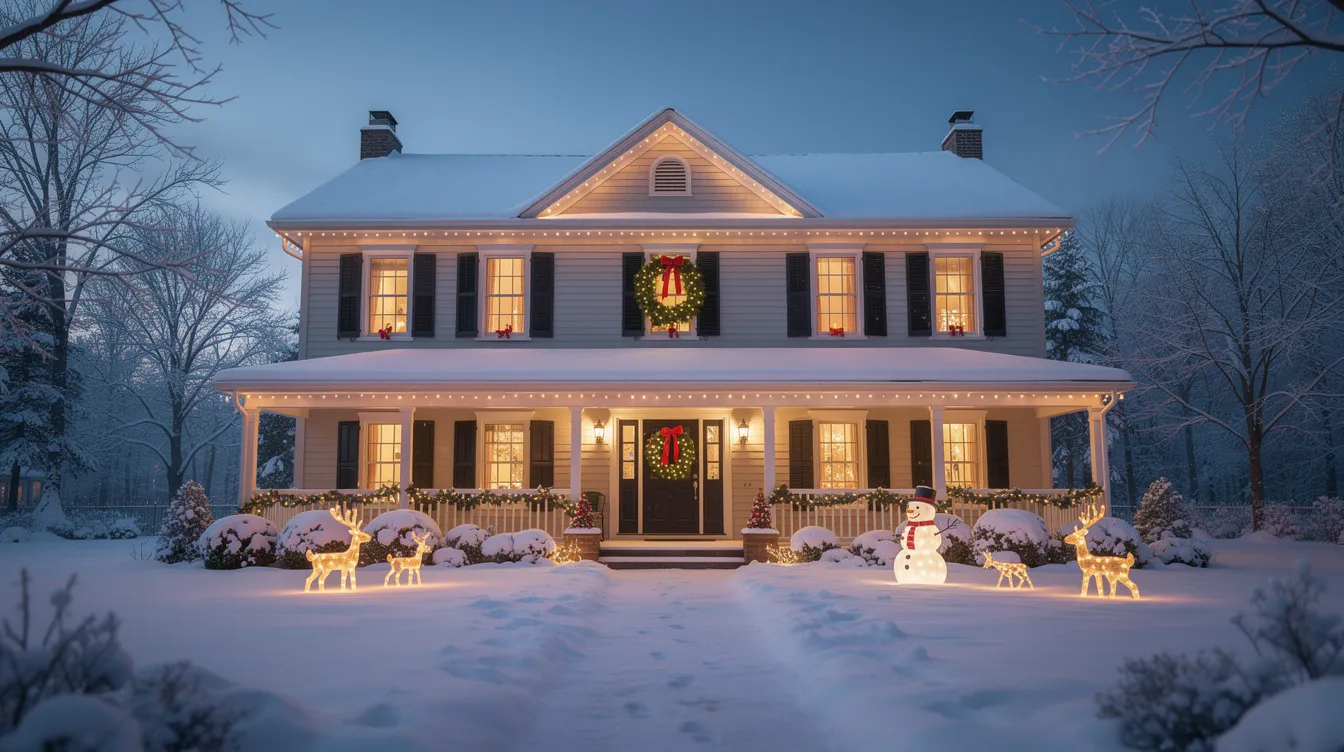 Das Bild zeigt ein klassisches amerikanisches Vorstadthaus, festlich geschmückt mit Weihnachtsdekorationen und einem verschneiten Vorgarten. Die Szene vermittelt eine gemütliche, festliche Atmosphäre, die an die Kindheit und die Weihnachtsklassiker erinnert, in denen auch Schauspieler wie Macaulay Culkin eine bedeutende Rolle spielten.