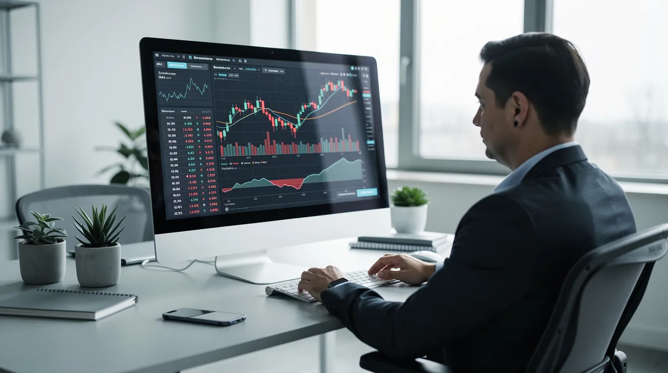 Eine Person analysiert Börsenkurse und Charts auf einem Computerbildschirm in einem modernen Büro. Der Fokus liegt auf der Renk Group Aktie, während sie Daten und Trends bespricht, die für Anleger und die Community von Interesse sind.