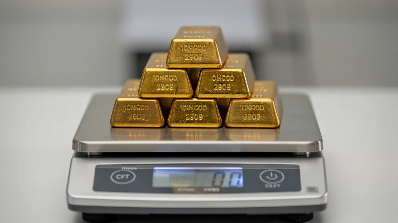 Auf der Präzisionswaage liegen gestapelte Goldbarren unterschiedlicher Größe, die den Wert und das Gewicht der Edelmetalle wie Gold und Silber darstellen. Diese Anordnung symbolisiert die Qualität und Tradition der Heraeus Goldbarren, die für Anleger von Interesse sind.