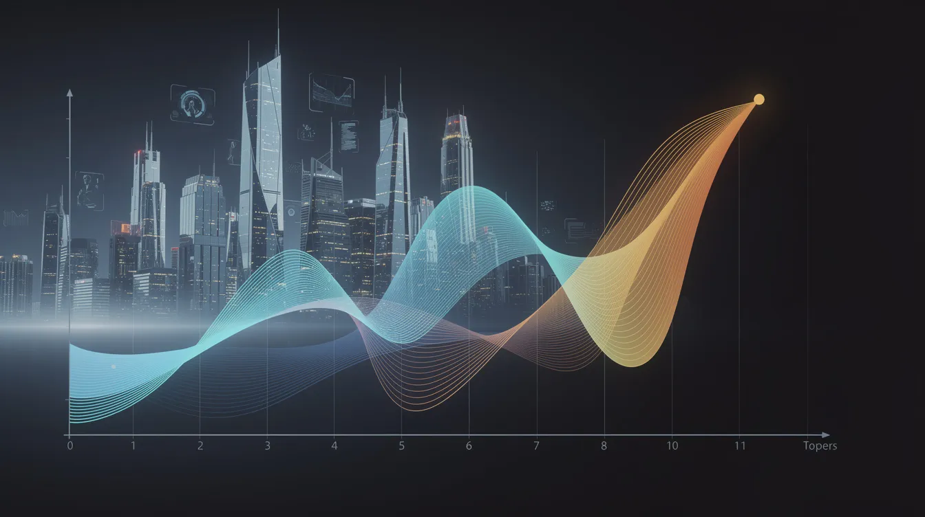Die abstrakte Zeitleiste zeigt vier aufsteigende Wellen, die verschiedene Marktzyklen im Krypto-Markt symbolisieren, während im Hintergrund eine futuristische Skyline zu sehen ist. Diese Darstellung spiegelt die Dynamik und Volatilität des Krypto-Bullenmarktes wider und verdeutlicht die Chancen und Entwicklungen für Investoren und Marktteilnehmer.