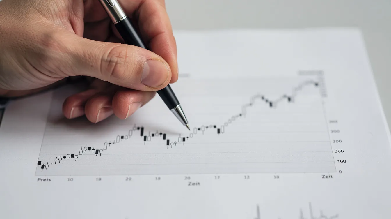 Eine Nahaufnahme zeigt eine Hand, die einen Stift hält und auf einen Kurschart auf Papier zeigt, der die Kursentwicklung von Bitcoin und anderen Kryptowährungen darstellt. Der Chart enthält wichtige Daten über den Preis und den Wert von Bitcoin im Zeitverlauf.