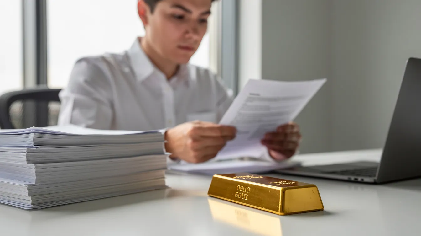 Eine Person überprüft sorgfältig Dokumente sowie einen 100 g Degussa Goldbarren auf einem Schreibtisch. Der Goldbarren liegt in der Mitte, umgeben von verschiedenen Unterlagen, die Informationen über den Goldankauf und die Bewertung von Edelmetallen enthalten.