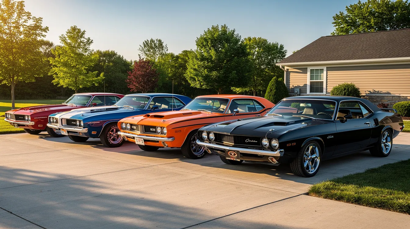 Eine Sammlung klassischer amerikanischer Muscle Cars steht auf einer sonnigen Einfahrt, umgeben von einem gepflegten Garten. Diese Fahrzeuge strahlen den Charme und die Kraft von Hollywood-Blockbustern aus, während im Hintergrund das Vermögen und der Erfolg berühmter Schauspieler wie Bruce Willis und Harrison Ford spürbar sind.