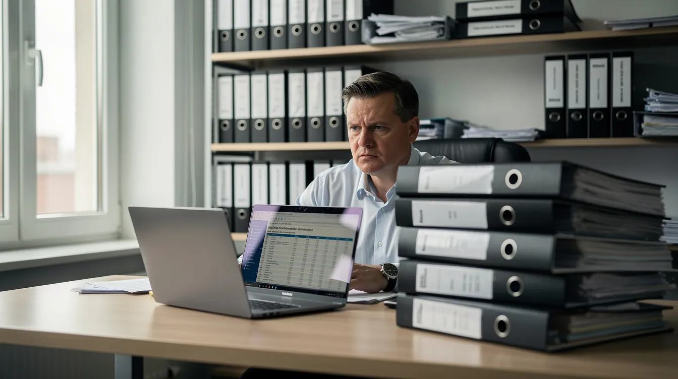 Ein Steuerprüfer arbeitet an einem Tisch, umgeben von Aktenordnern und einem Laptop, während er eine Betriebsprüfung durchführt. Auf dem Tisch liegen auch Unterlagen zur Festsetzungsfrist und zur Abgabenordnung, die für die Prüfung relevant sind.