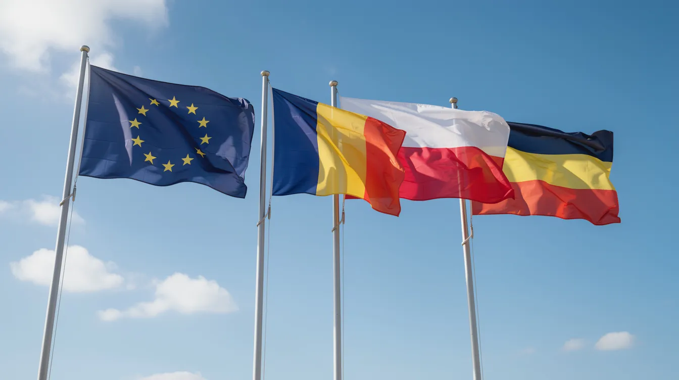 Auf dem Bild wehen vier europäische Nationalflaggen im Wind vor einem strahlend blauen Himmel. Diese Flaggen repräsentieren verschiedene Länder und symbolisieren die Vielfalt der europäischen Nationen, während sie im Hintergrund für Themen wie Steuern in Zypern und Unternehmensgründungen stehen.