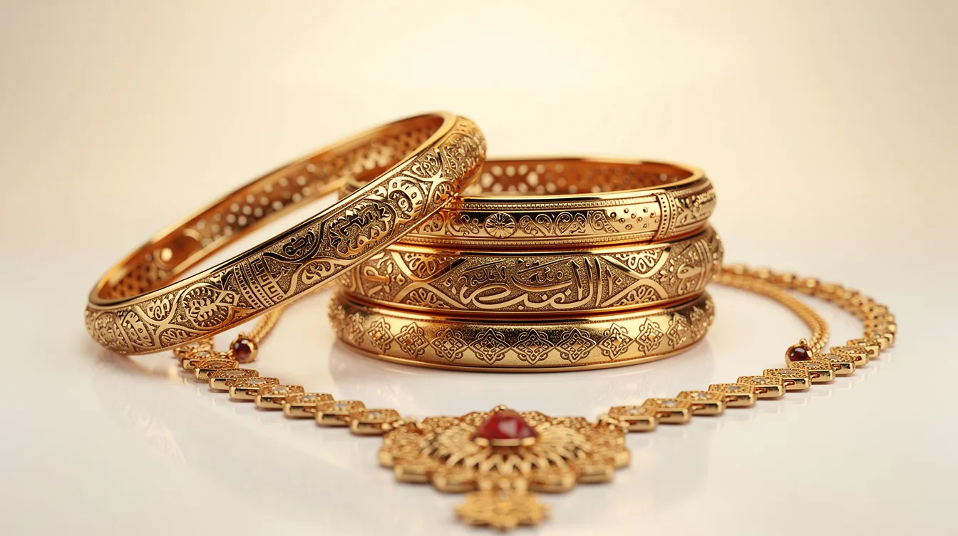 Auf einem hellen Untergrund sind traditionelle goldene arabische Armreifen und Ketten aus 21 karat Gold arrangiert, die durch ihre filigrane Verarbeitung und den hohen Feingehalt bestechen. Diese Schmuckstücke repräsentieren die kulturelle Vielfalt und den Wert von Gold in der arabischen Welt.