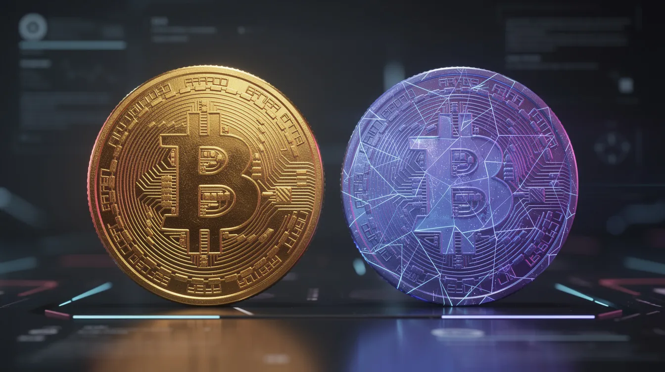 Das Bild zeigt zwei abstrakte digitale Münzen nebeneinander auf einem futuristischen, dunklen Hintergrund. Eine Münze ist goldfarben und die andere in Blau-Violett, was die Vielfalt der Kryptowährungen wie Ethereum und Bitcoin symbolisiert.