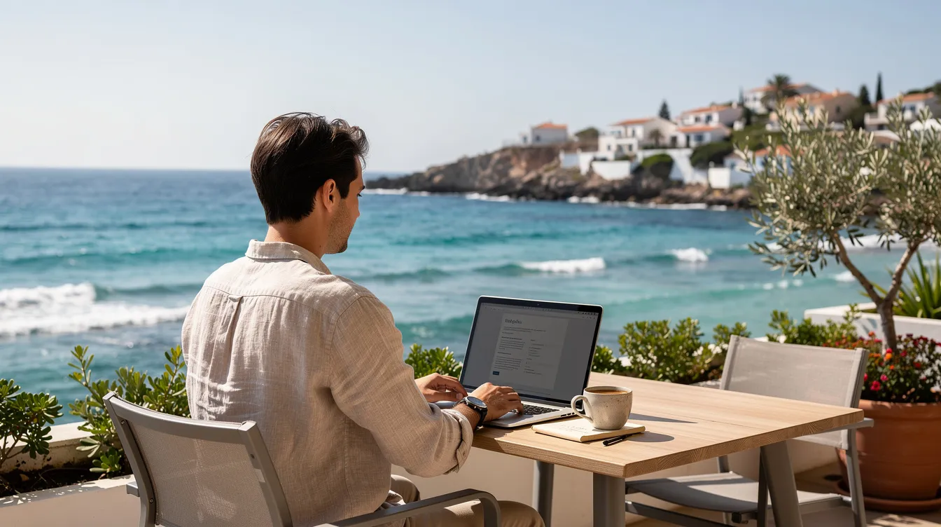 Ein Mensch sitzt auf einer Terrasse und arbeitet an einem Laptop mit Blick auf das Mittelmeer. Die Szene vermittelt ein Gefühl von Freiheit und Produktivität, während die sanften Wellen des Meeres im Hintergrund für eine entspannende Atmosphäre sorgen, ideal für Unternehmer, die in Zypern ihre Firma gründen möchten.