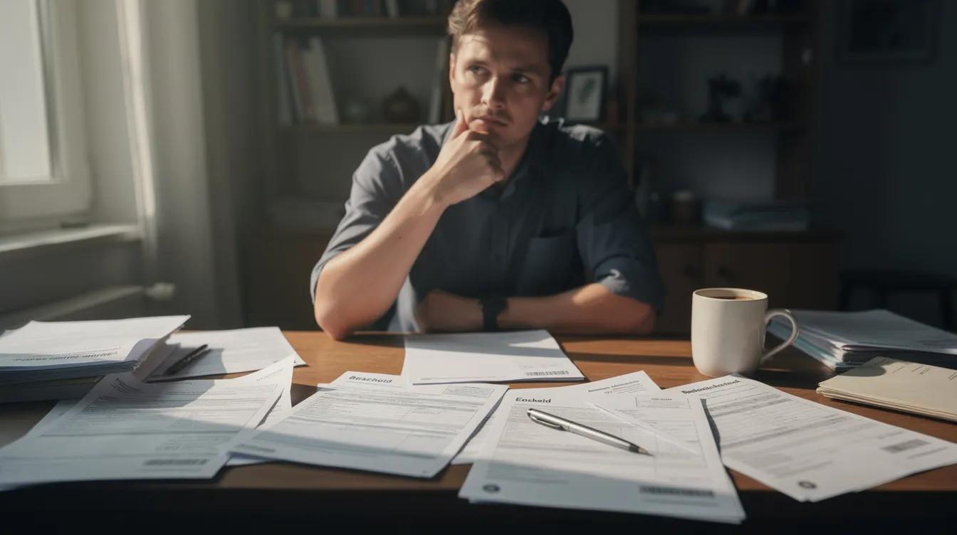 Eine nachdenkliche Person sitzt an einem Schreibtisch, umgeben von geöffneten Briefen und Formularen, die Informationen zu Verträgen und Zahlungsaufforderungen enthalten. Diese Szene spiegelt die Herausforderungen wider, mit denen Menschen im Bereich Inkasso und Finanzsanierung konfrontiert sind, während sie Lösungen für ihre finanziellen Angelegenheiten suchen.