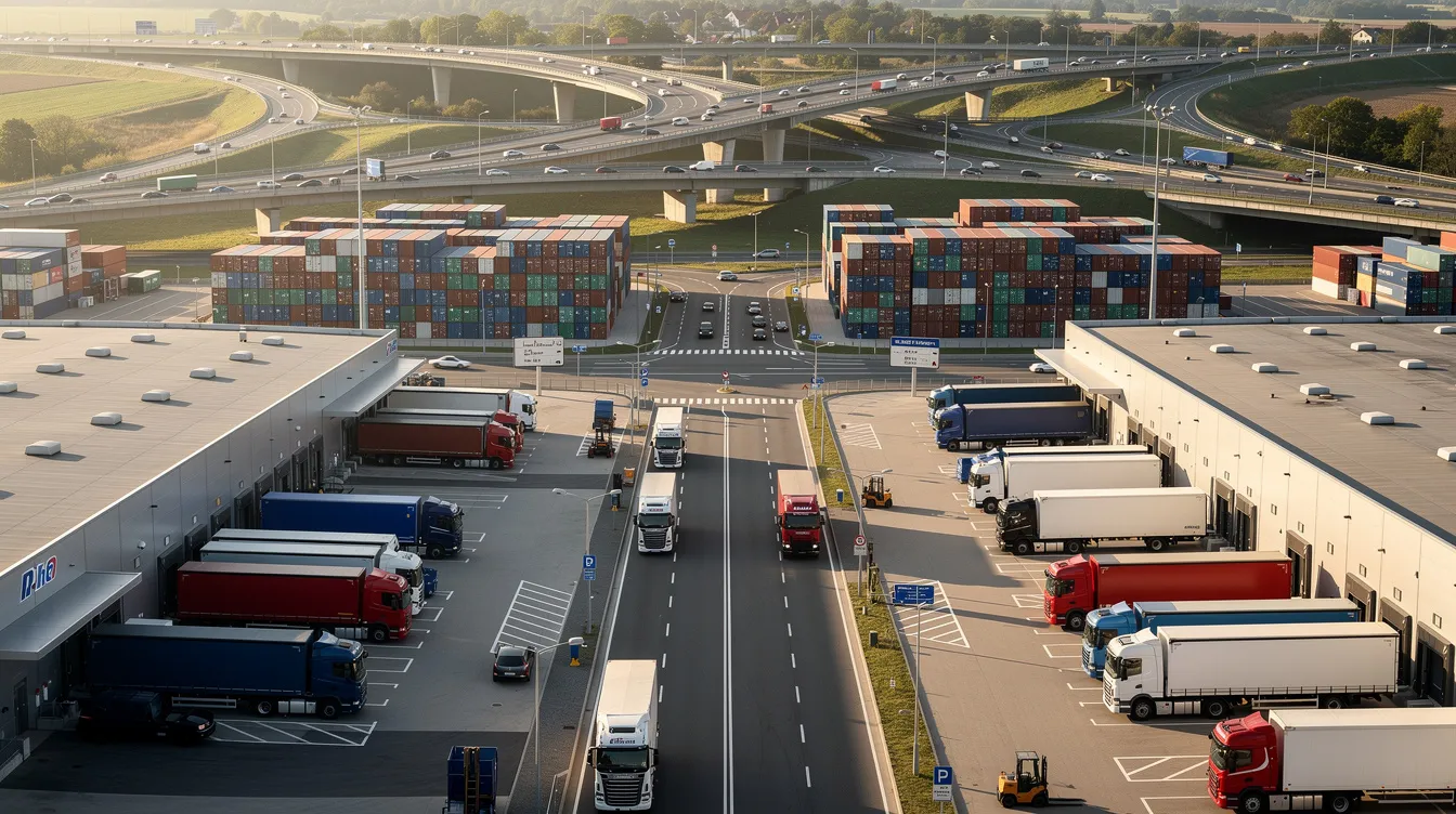 Das Bild zeigt ein Industriegebiet mit einem Autobahnkreuz, umgeben von Containern und mehreren LKW, die auf einer breiten Zufahrtsstraße parken. Diese Szene spiegelt die logistische Bedeutung von Moers und Duisburg für den Export und E-Commerce in Europa wider.