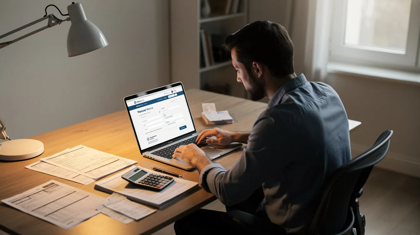 Eine Person sitzt an einem Schreibtisch und arbeitet am Laptop, während sie Steuerunterlagen durchgeht und eine Überweisung vorbereitet. Auf dem Tisch liegen verschiedene Dokumente, die mit dem Finanzamt Osnabrück in Verbindung stehen.