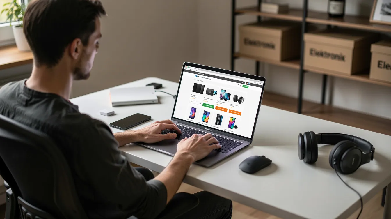 Eine Person sitzt an einem Schreibtisch und bestellt Elektronikprodukte über ihren Laptop, während sie sich auf die vielfältigen Angebote von Online-Shops konzentriert. Der Schreibtisch ist mit verschiedenen Büroartikeln ausgestattet, und die Atmosphäre vermittelt ein Gefühl von Produktivität und E-Commerce.