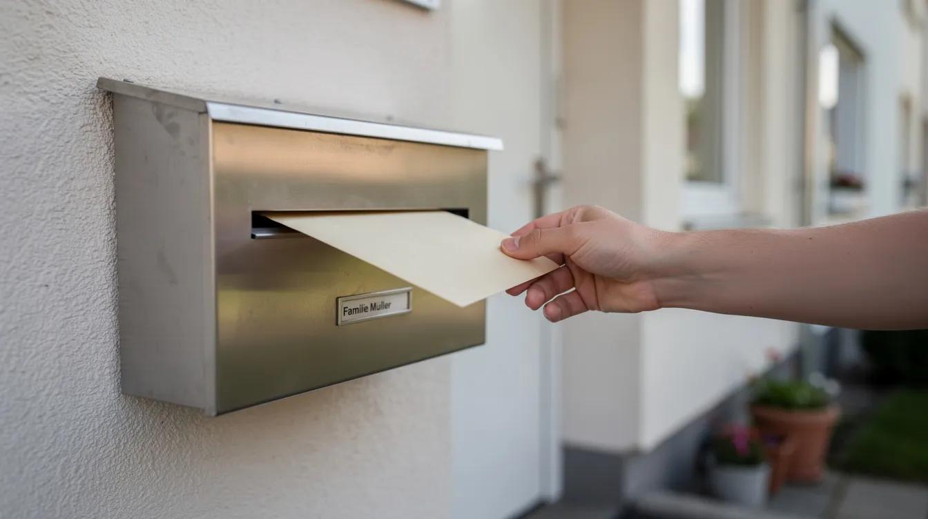 Ein Briefkasten steht vor einem Wohnhaus, während ein Umschlag gerade eingeworfen wird. Diese Szene könnte mit Themen wie dem Einspruch gegen einen Grundsteuerbescheid in Verbindung stehen, da viele Eigentümer in Deutschland ihre Steuerangelegenheiten regelmäßig überprüfen müssen.