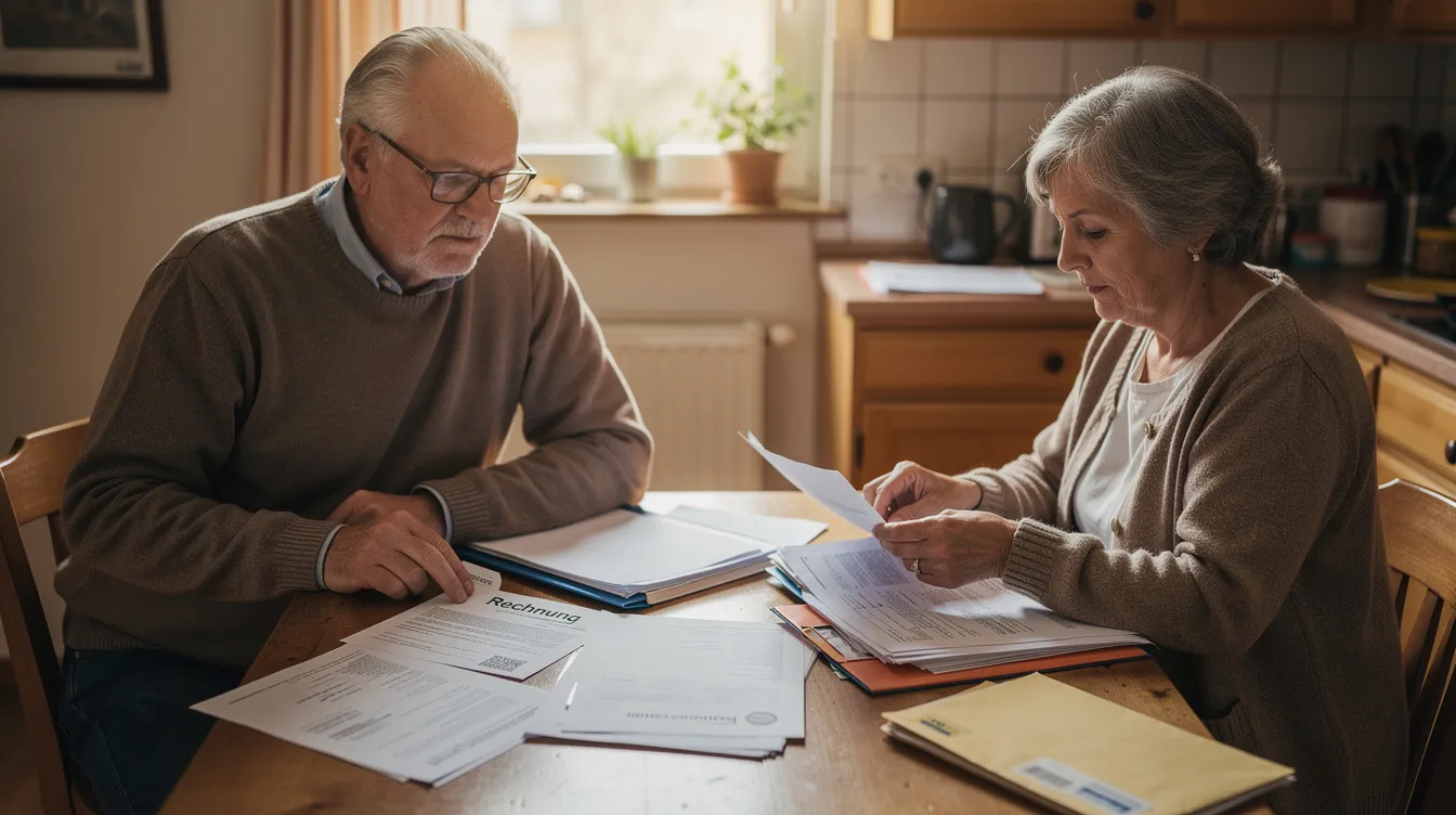 Ein älteres Ehepaar sitzt am Küchentisch und sichtet gemeinsam Dokumente zur Altersvorsorge, darunter Unterlagen zur Pensionskasse und Informationen zur Auszahlung der Rente. Sie diskutieren über wichtige Aspekte wie Beiträge, Steuern und die monatliche Rente im Hinblick auf ihre finanzielle Planung im Ruhestand.
