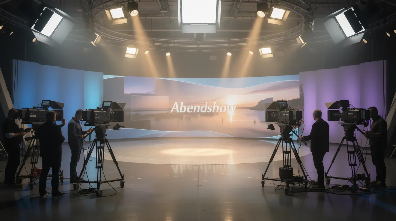 Im Bild sind zahlreiche Fernsehkameras und Scheinwerfer in einem großen TV-Studio zu sehen, die für eine Abendshow bereitstehen. Die Atmosphäre ist lebhaft, während Prominente und Schauspieler sich auf ihre Auftritte vorbereiten, um das Publikum zu unterhalten.