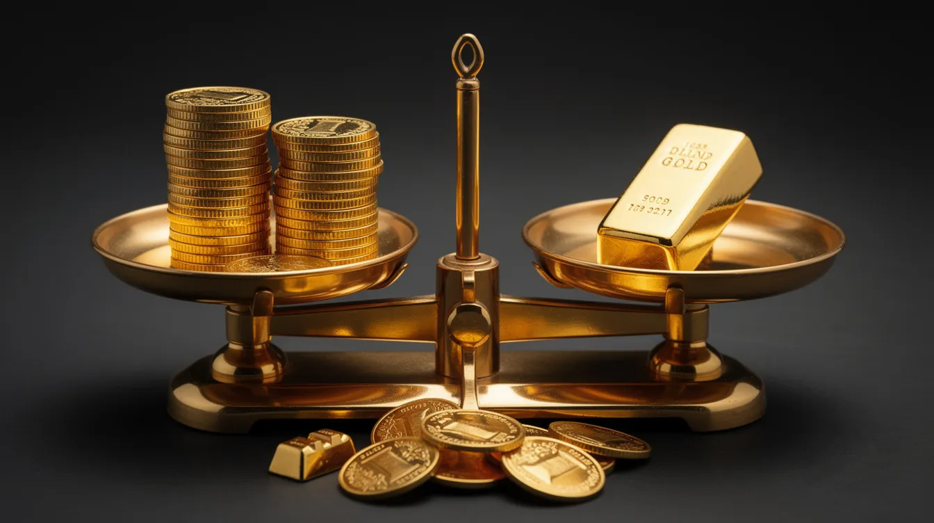 Auf der Goldwaage liegen verschiedene Goldprodukte, darunter glänzende Goldmünzen und ein kleiner Goldbarren, die alle aus 22 Karat Gold bestehen. Die Waage zeigt das Goldfeingewicht an, während die Produkte als wertvolle Anlagegoldstücke dienen.