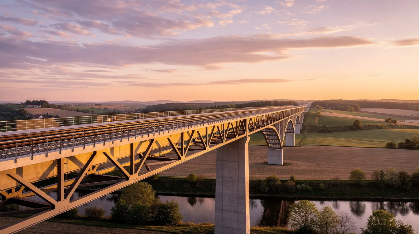 Die moderne Schienenbrücke erhebt sich majestätisch über die Landschaft, während die Sonne am Horizont untergeht und den Himmel in warmen Farben erstrahlen lässt. Diese beeindruckende Architektur kombiniert Funktionalität mit ästhetischer Schönheit und bildet einen harmonischen Kontrast zur umgebenden Natur.