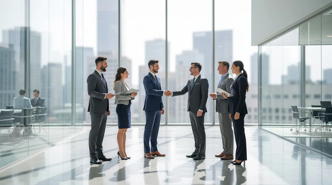 In einem modernen Büro mit großen Glasfenstern schütteln sich zwei Geschäftsleute die Hände, während sie über Themen wie Unternehmensgründung und Steuern in Zypern diskutieren. Die Szene vermittelt ein Gefühl von Professionalität und Zusammenarbeit in einem internationalen Geschäftsumfeld.