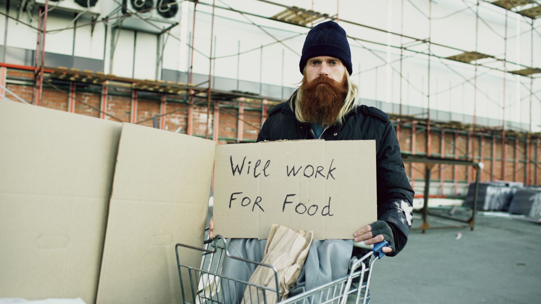 A homeless man with a sign 'Will work for food' in an urban setting.