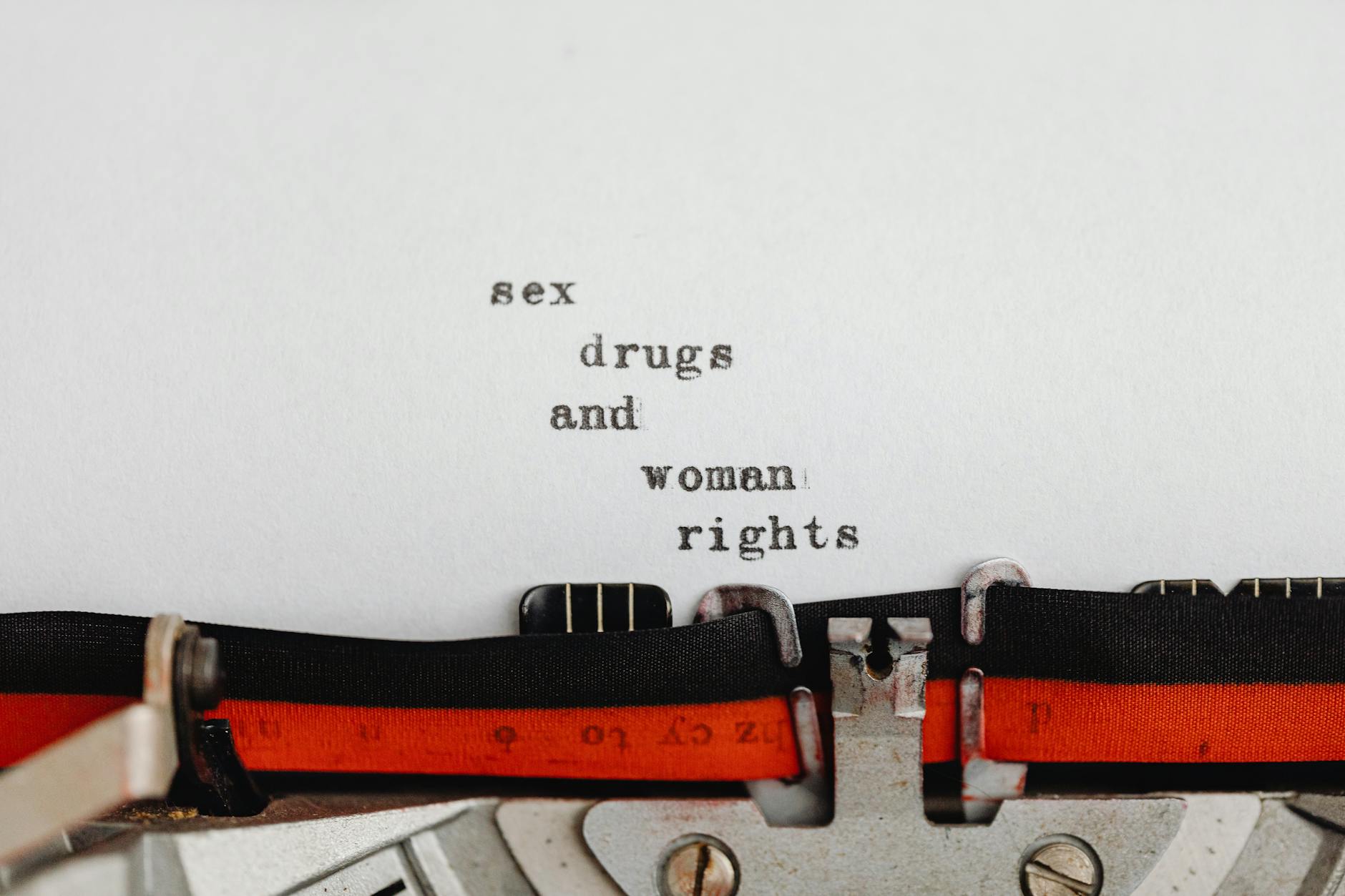 Close-up of a typewriter typing on women's rights and more.