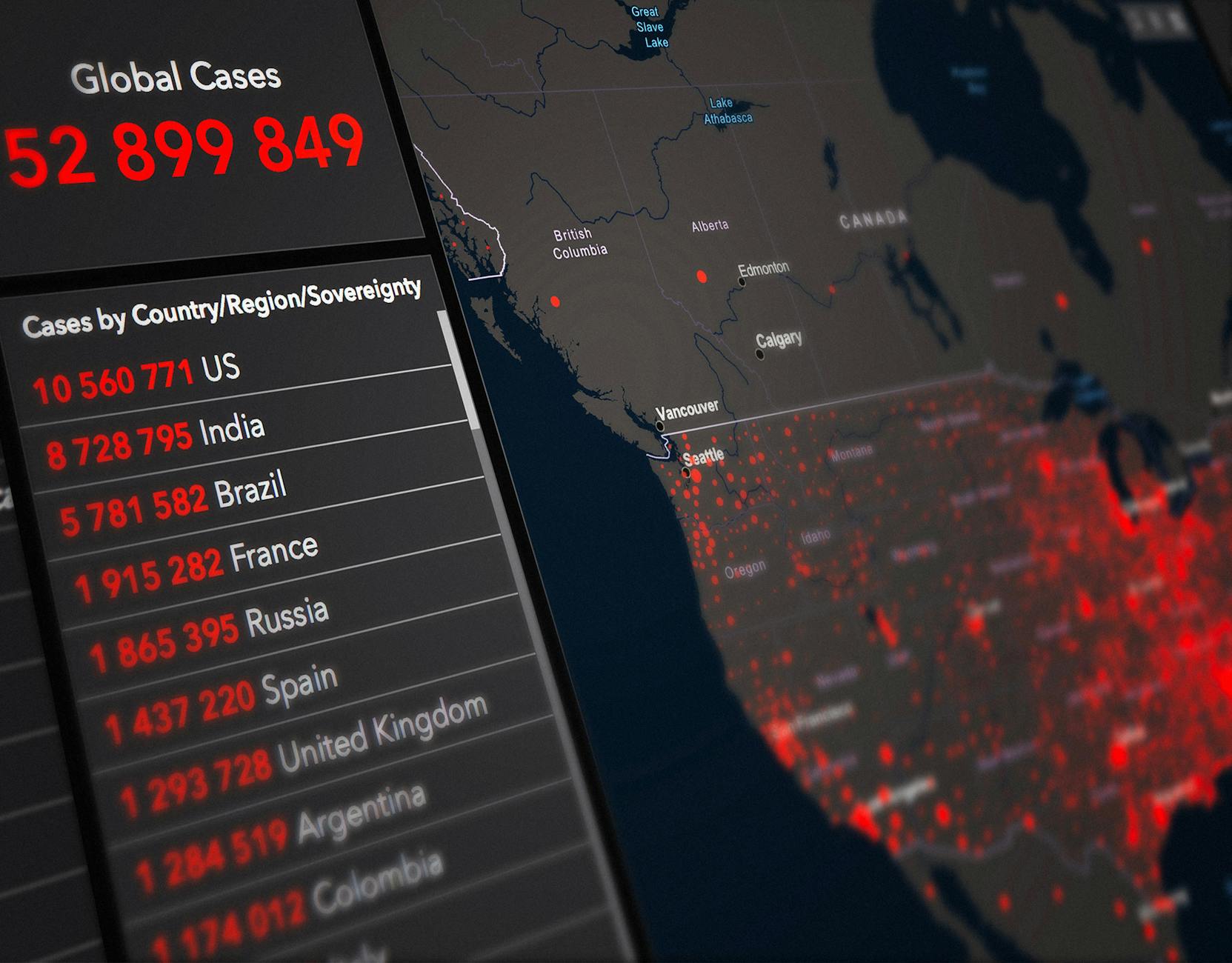 Detailed map showing COVID-19 global cases with data visualization by country.