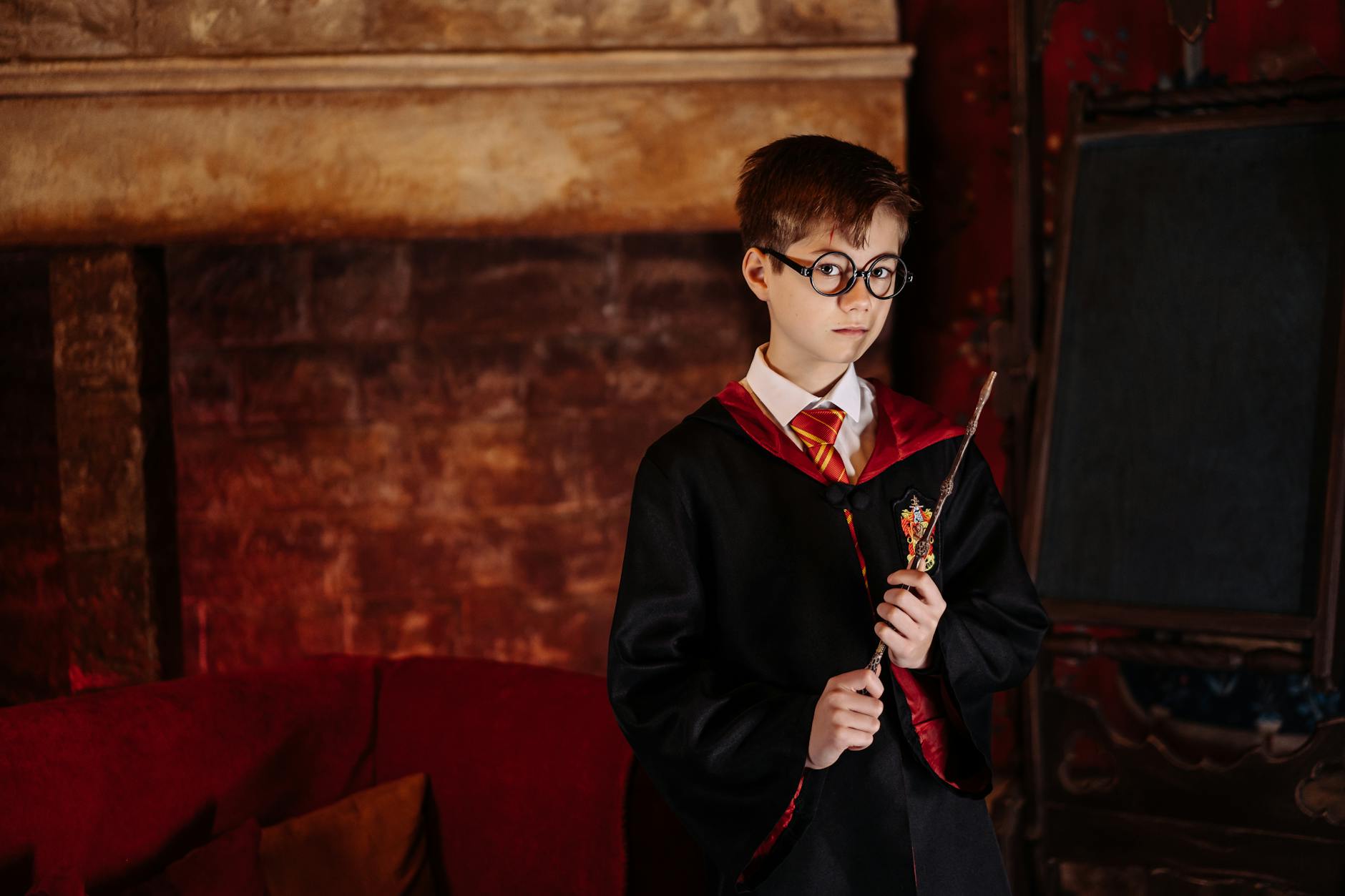 Boy dressed as a wizard with eyeglasses and robe holding a wand in front of a fireplace.